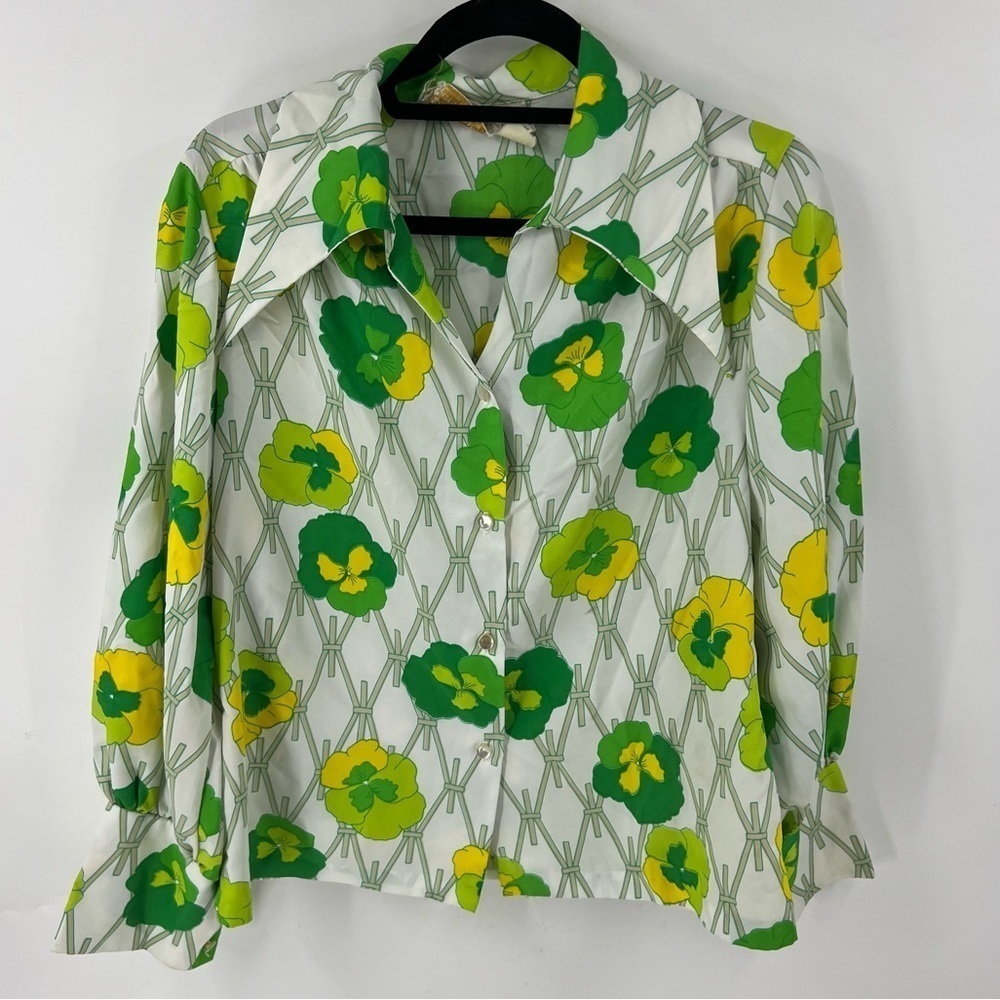 ✅ VINTAGE LEE MAR BLOUSE FLORAL GREEN/WHITE/YELLOW SIZE 14 FULL BUTTON FRONT‎